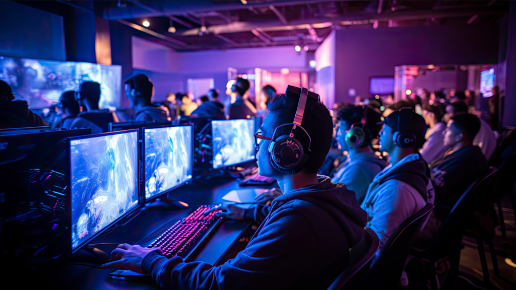 A group of people sitting at computers in a room.