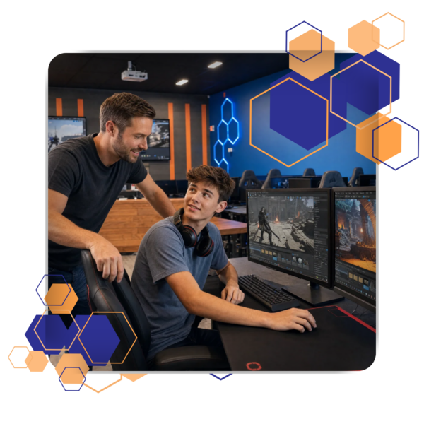 Instructor helping a teen design a game in Unreal Engine at the x99Lives studio.