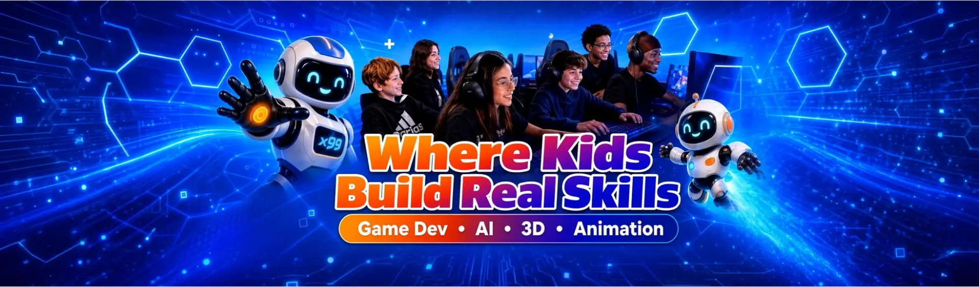 Kids coding and building real skills in game development, AI, 3D, and robotics at x99Lives in Royal Palm Beach and Wellington Florida